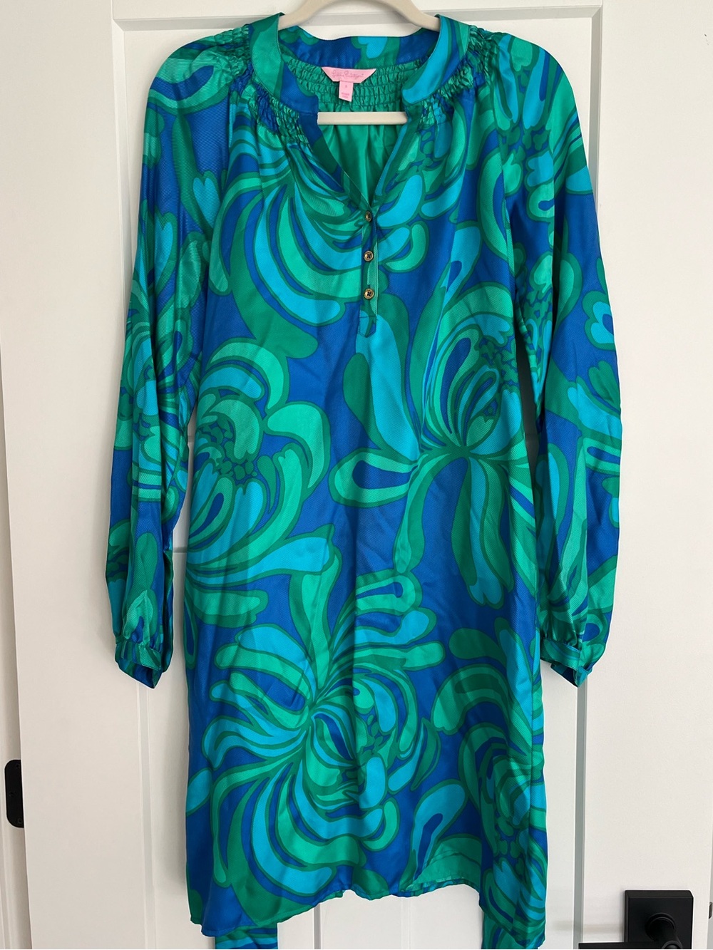 Lilly Pulitzer Blue & Green Long Sleeve Belted Mini Dress - Size 6 - NWOT - Picture 2 of 9